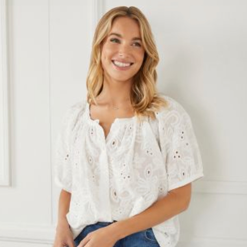Oliver O Floral Stitched Balloon Sleeve Cotton Blouse